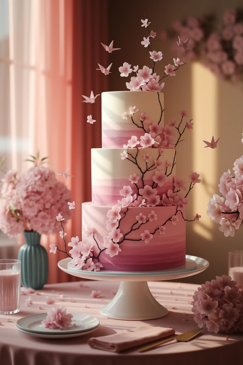 A whimsical three-tier cake in shades of pink, adorned with cherry blossom branches and delicate paper cranes, displayed in a softly lit room.