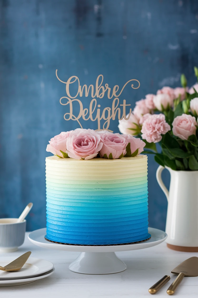 A small ombre cake with a gradient from white to blue, topped with pink roses and a "Ombre Delight" cake topper, on a white pedestal with a blue textured background.