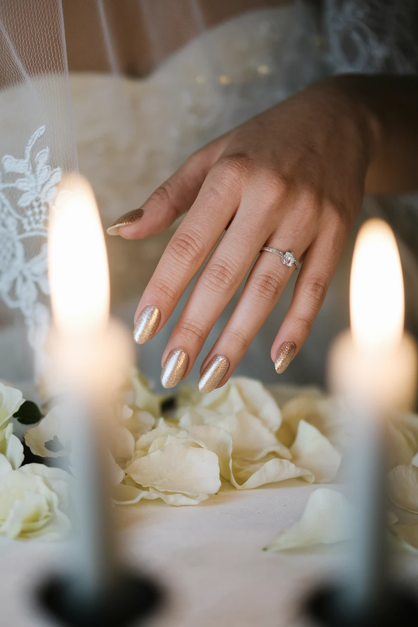 Gold shimmer nails, engagement ring.