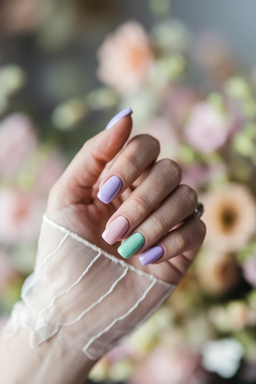 Pastel manicure with lavender, pink, and mint nails, lace detail on wrist.