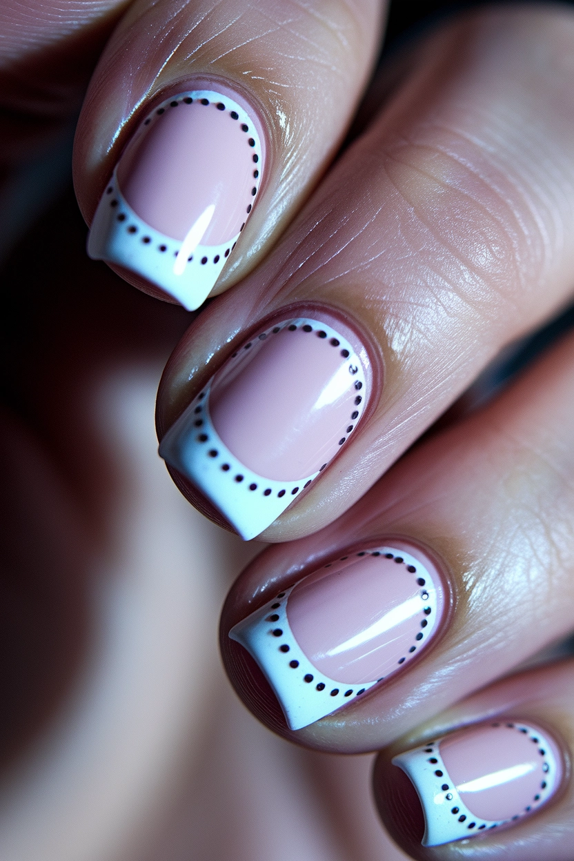 manicured nails with a light pink base and white French tips, featuring a thin black line of polka dots separating the pink base from the white tip.