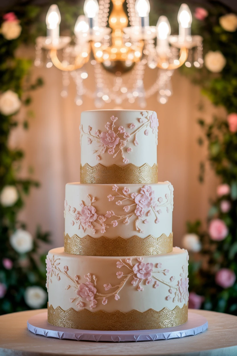 A sophisticated wedding cake featuring gold accents and delicate pink floral designs on a white background, illuminated by a chandelier.