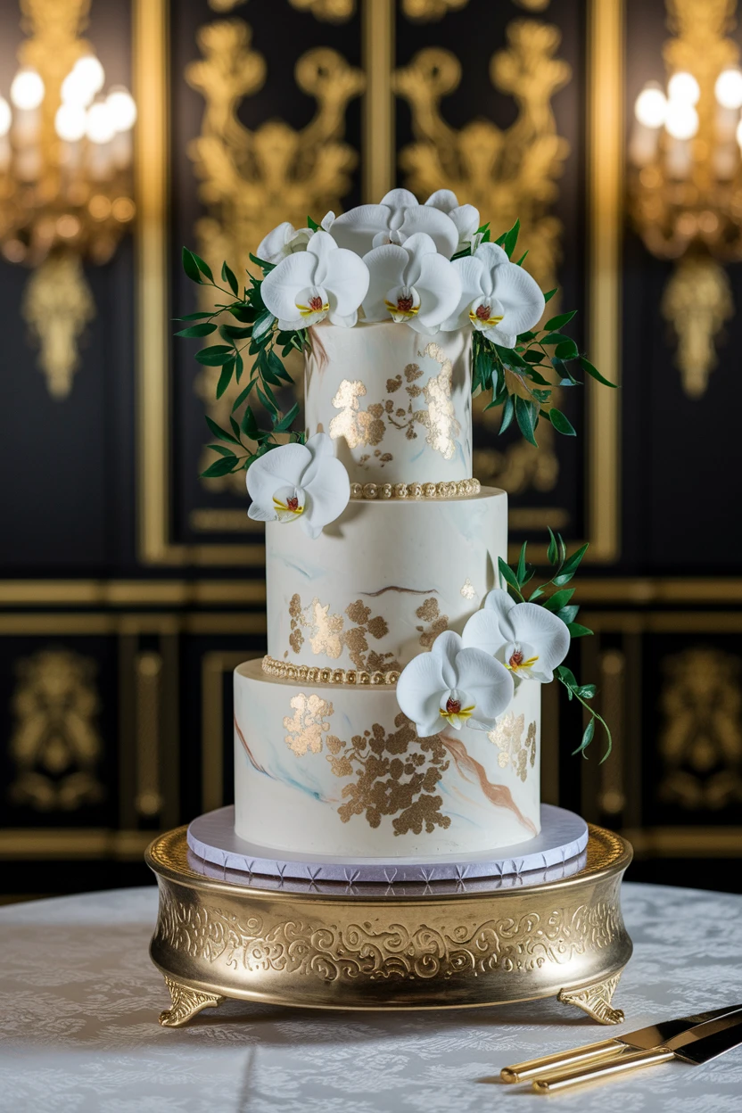 A sophisticated three-tier wedding cake featuring gold marbling and elegant white orchids, showcased on a decorative golden stand.