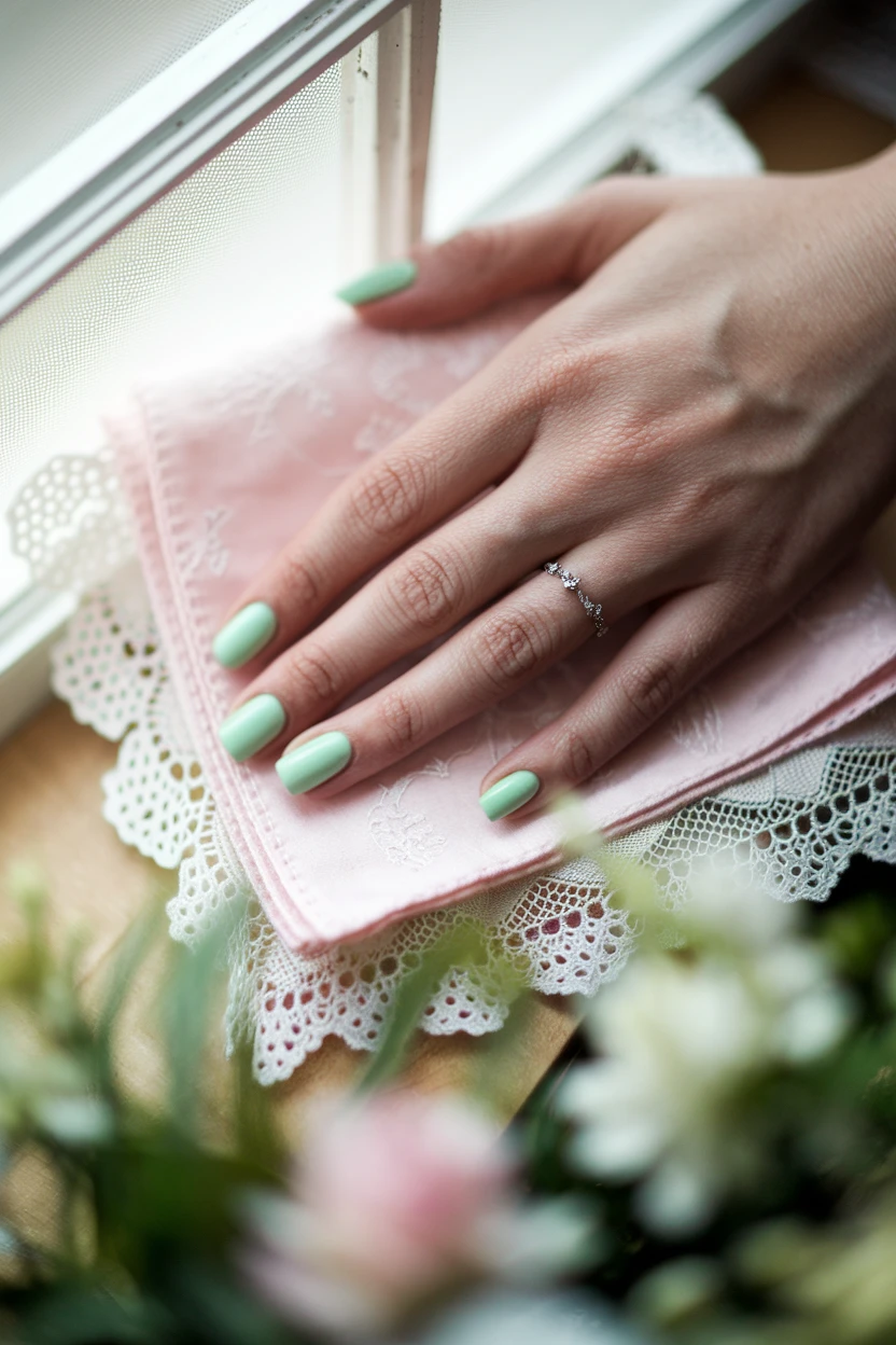 Mint green nails with lace trim and silver ring.