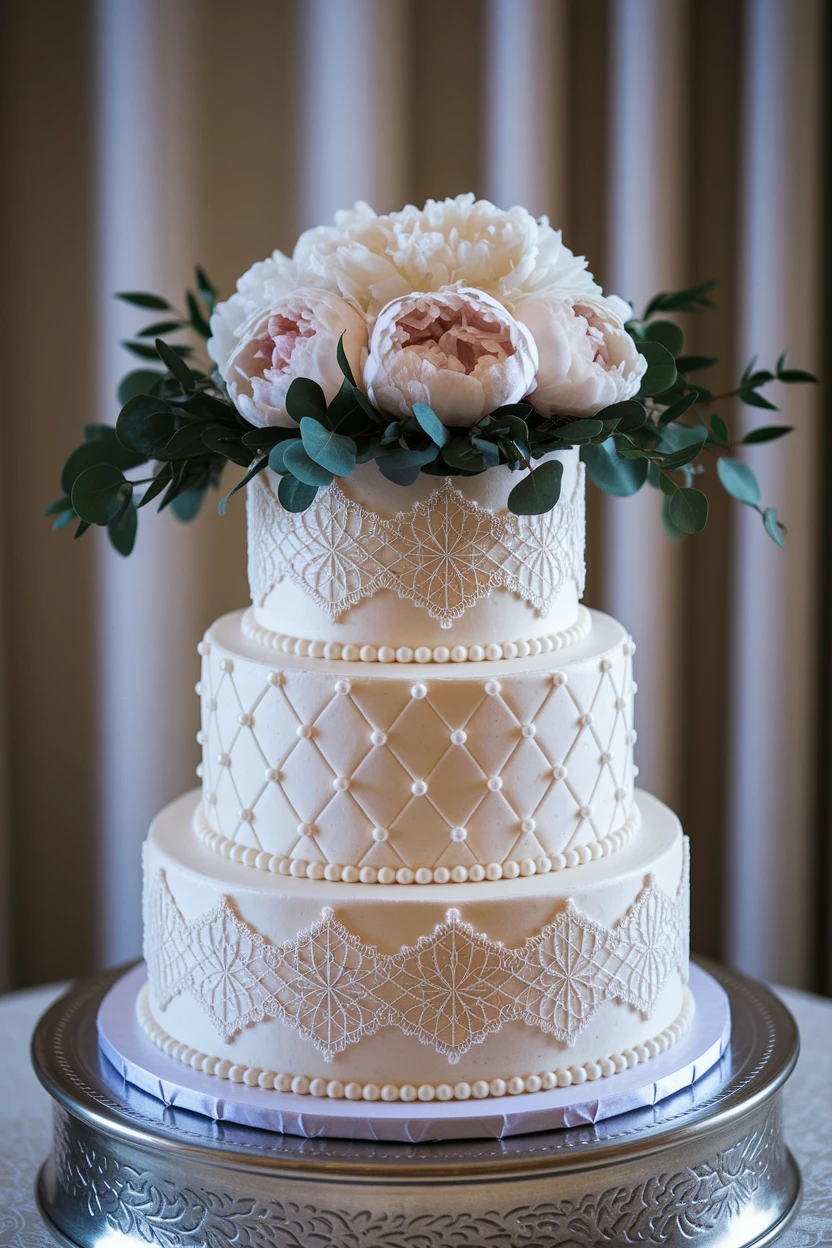 A beautifully designed three-tier cake topped with pink peonies and greenery, featuring intricate lace patterns and pearl accents.