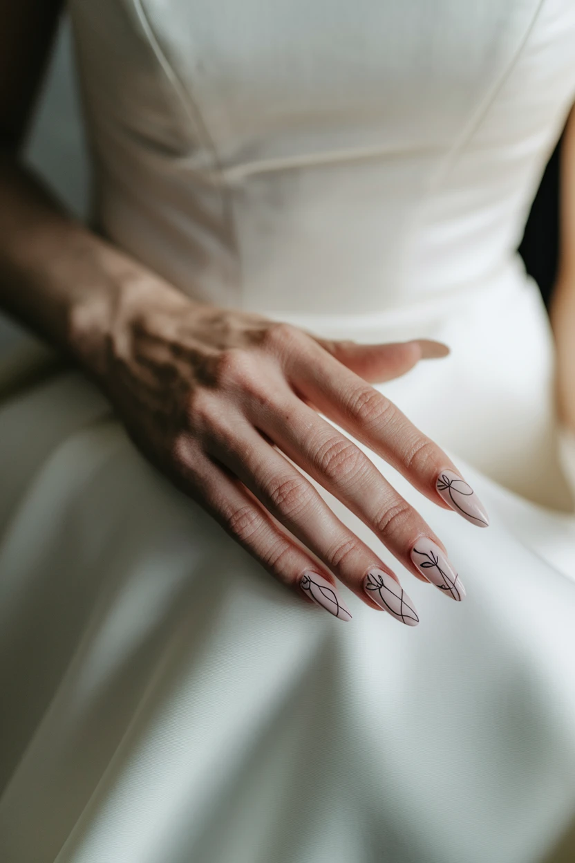 Nude nails with black floral line art on a hand resting on a white gown.