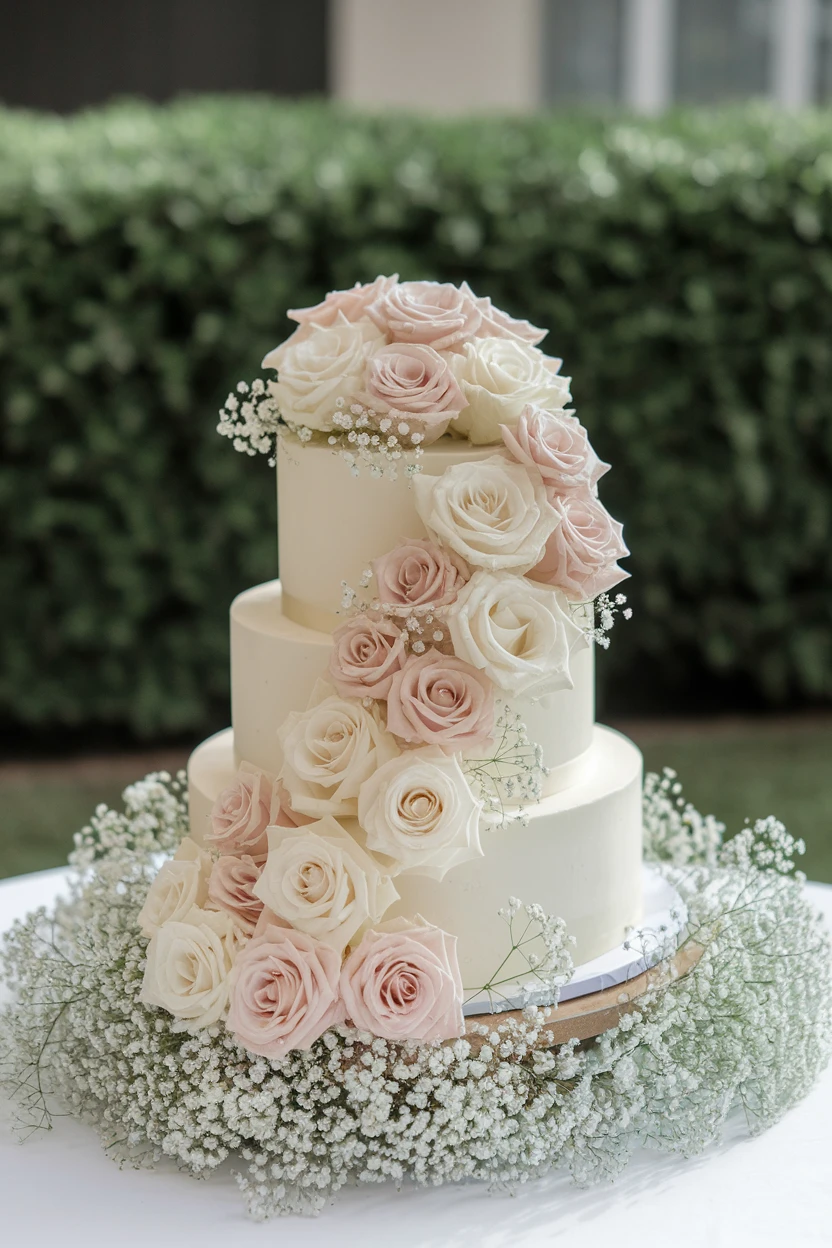 A classic three-tier wedding cake elegantly draped in fresh roses, surrounded by baby's breath and set against a lush green backdrop.