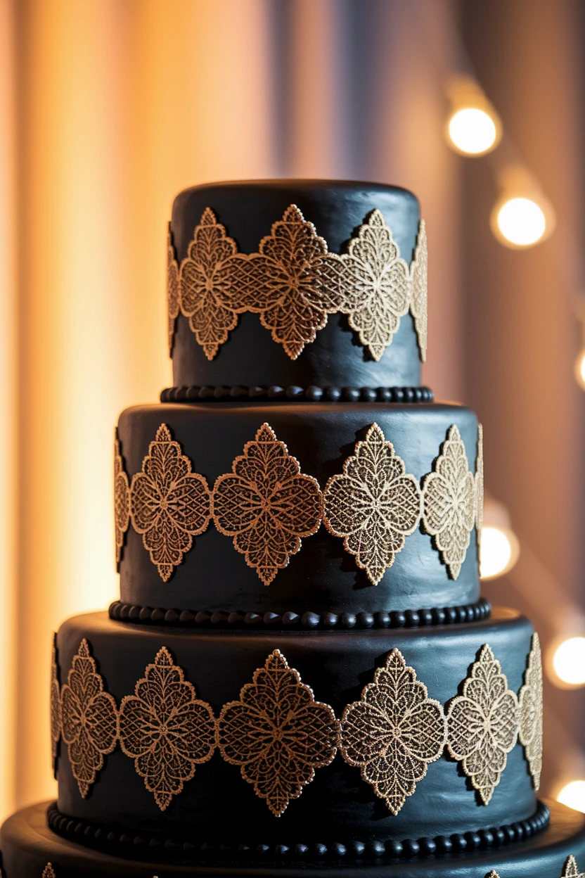 A striking black wedding cake with gold lace patterns, standing tall and elegant against a backdrop of soft lighting.