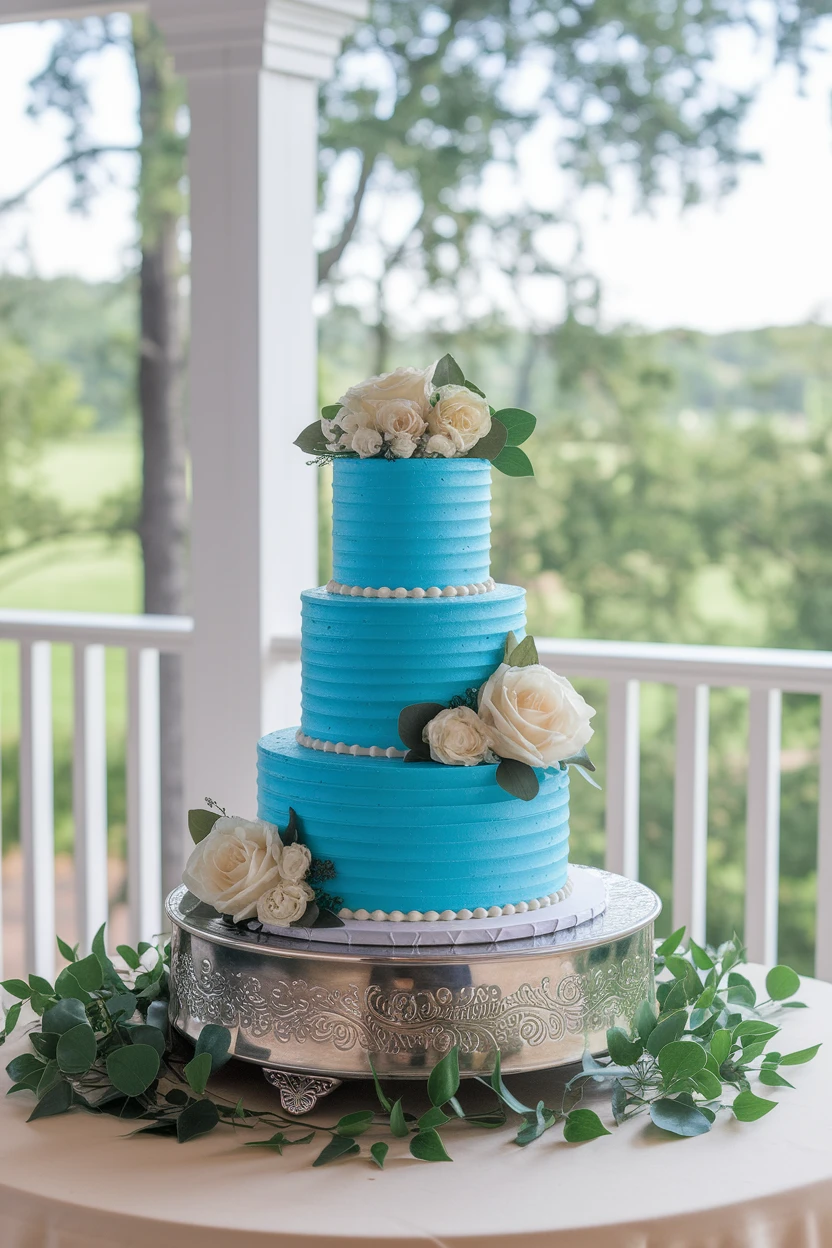 A vibrant three-tier wedding cake in bright blue, adorned with fresh white roses and greenery, set against a scenic outdoor backdrop.