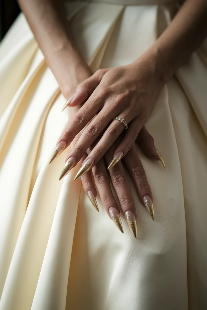 Gold glitter tipped stiletto nails with silver ring.