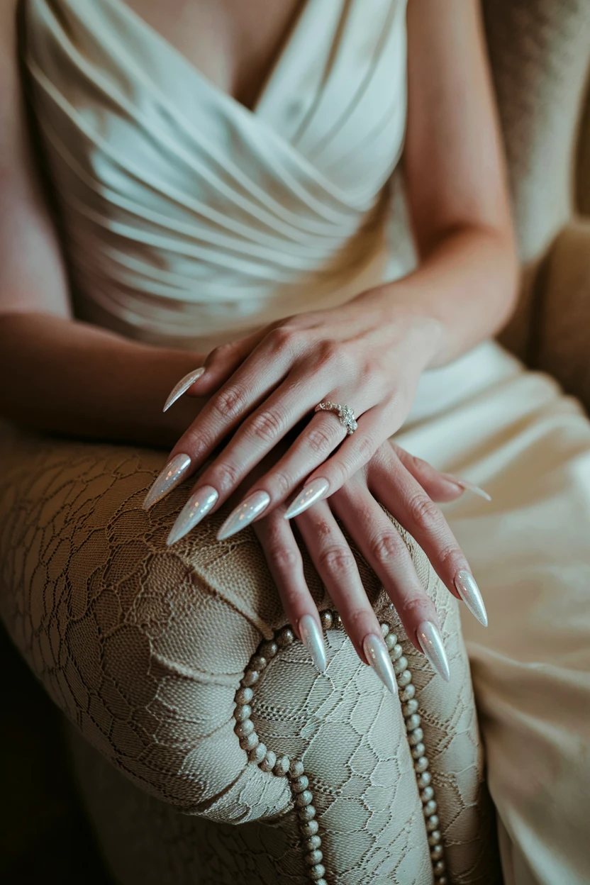 A bride's hands with shimmering almond-shaped nails and an engagement ring, resting on a textured armrest.