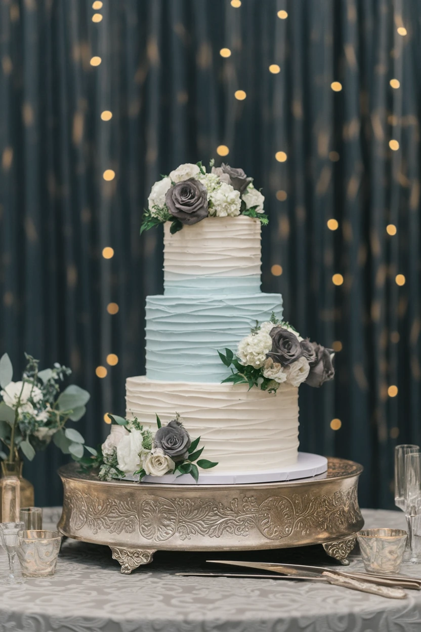 An elegant three-tier cake featuring alternating layers of light blue and white, decorated with grey roses and greenery, illuminated by soft twinkling lights.