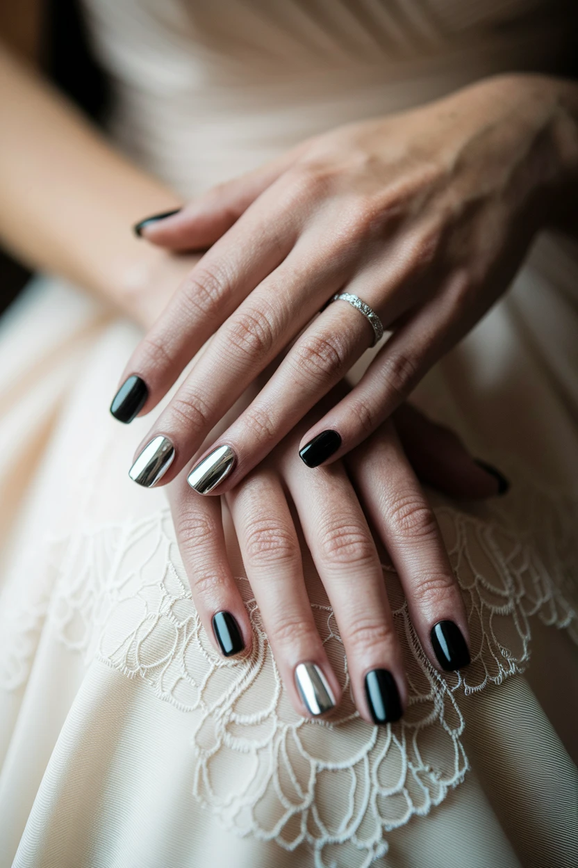 Black and chrome manicure with lace dress.