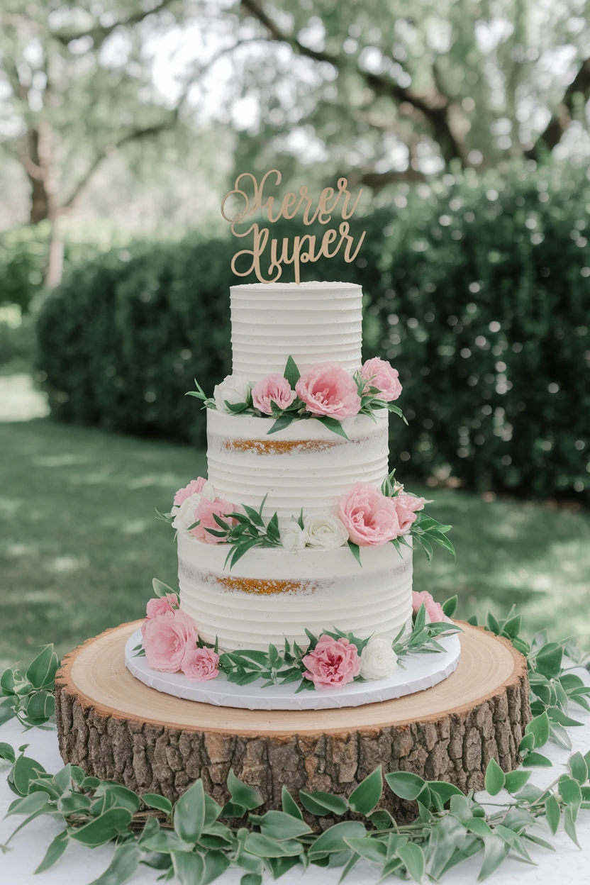 A three-tiered semi-naked wedding cake decorated with pink roses and green leaves, topped with a gold cursive cake topper, resting on a wooden slice with greenery around the base, set outdoors with a blurred foliage background.