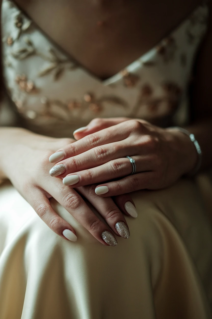 Close-up of a woman's hands with an engagement ring and glitter-accented ivory nails on an embroidered gown.