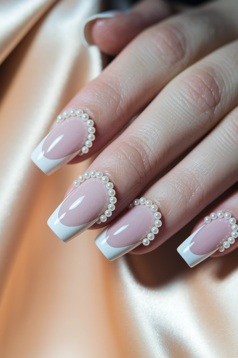 a white French tip and light pink base, each nail featuring a border of small, round pearls along the cuticle line, showcased against a soft, satin background.