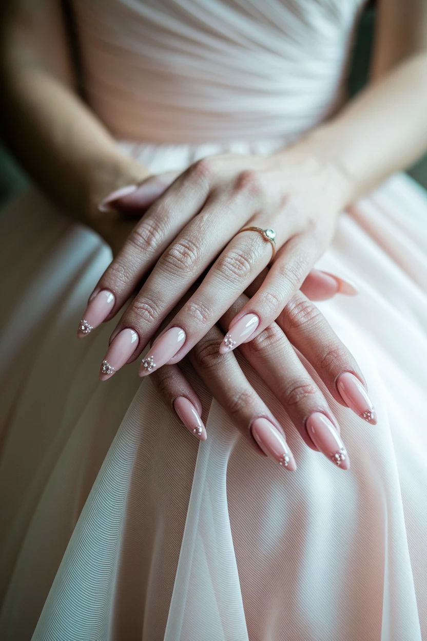 A bride's hands with soft pink nails featuring pearl accents, wearing a classic engagement ring on a blush gown.