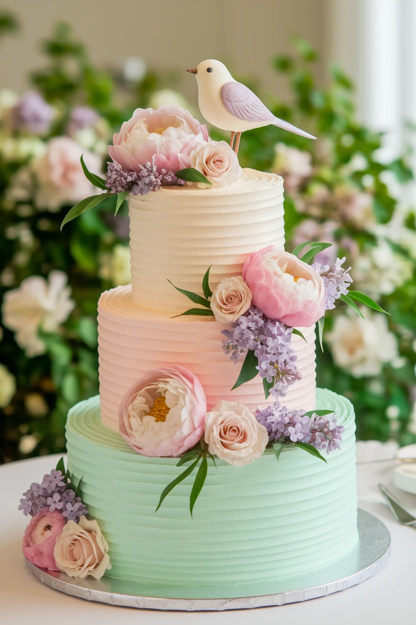 A three-tiered wedding cake with a mint green base, light pink middle tier, and a creamy white top tier, decorated with pink peonies, roses, purple lilac blooms, and a white bird cake topper. The cake is set against a blurred background of greenery and flowers.