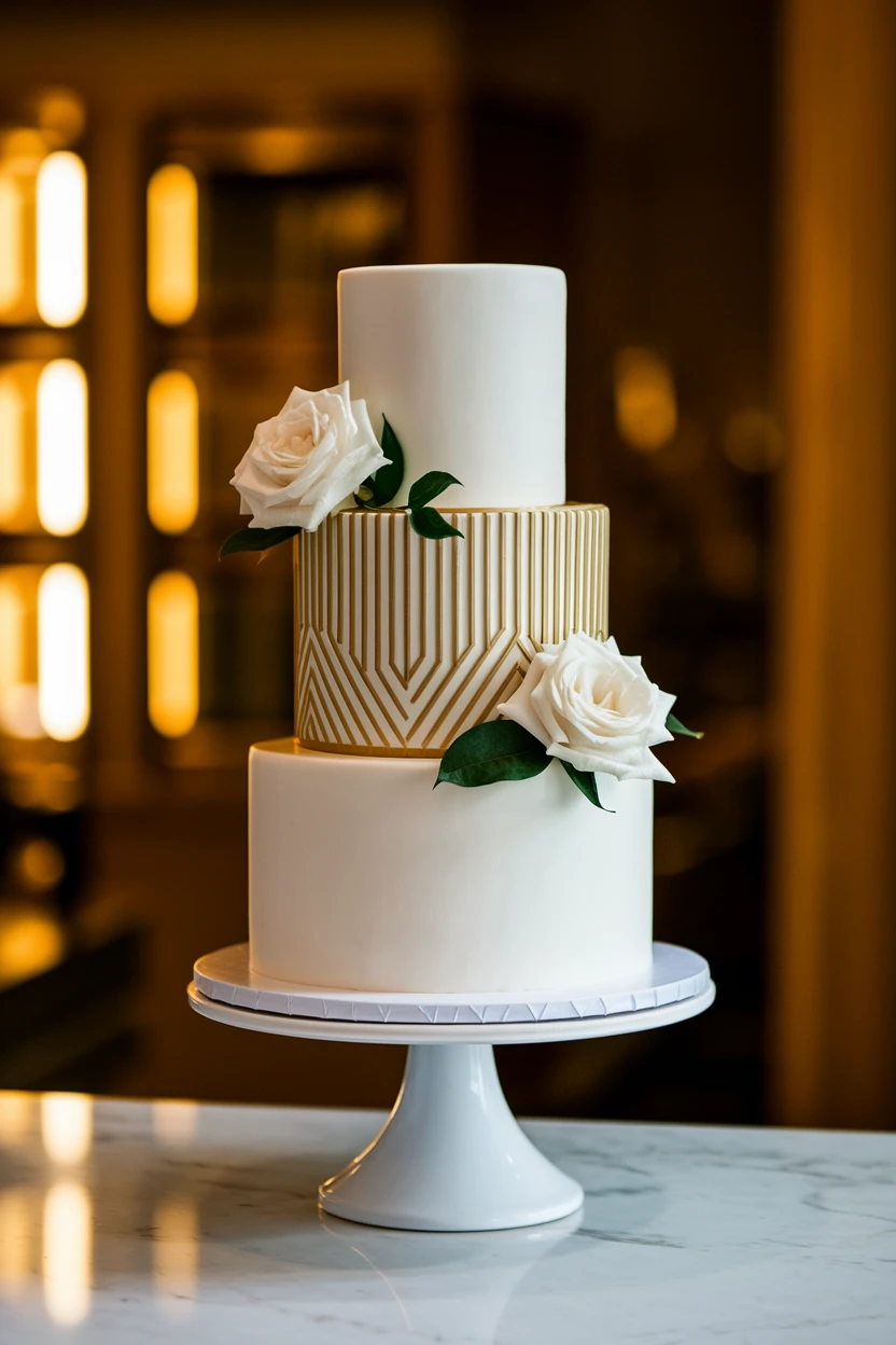 A stylish three-tier cake featuring a smooth white finish with gold geometric accents, topped with fresh white roses, set against a warm backdrop.