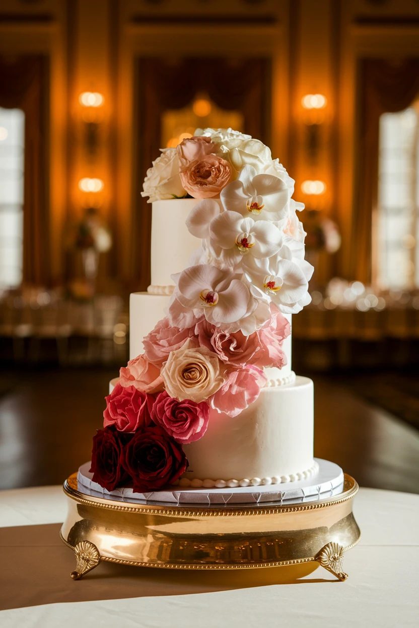 A luxurious three-tier wedding cake draped in fresh flowers, including roses and orchids, creating a stunning floral cascade against a golden backdrop.