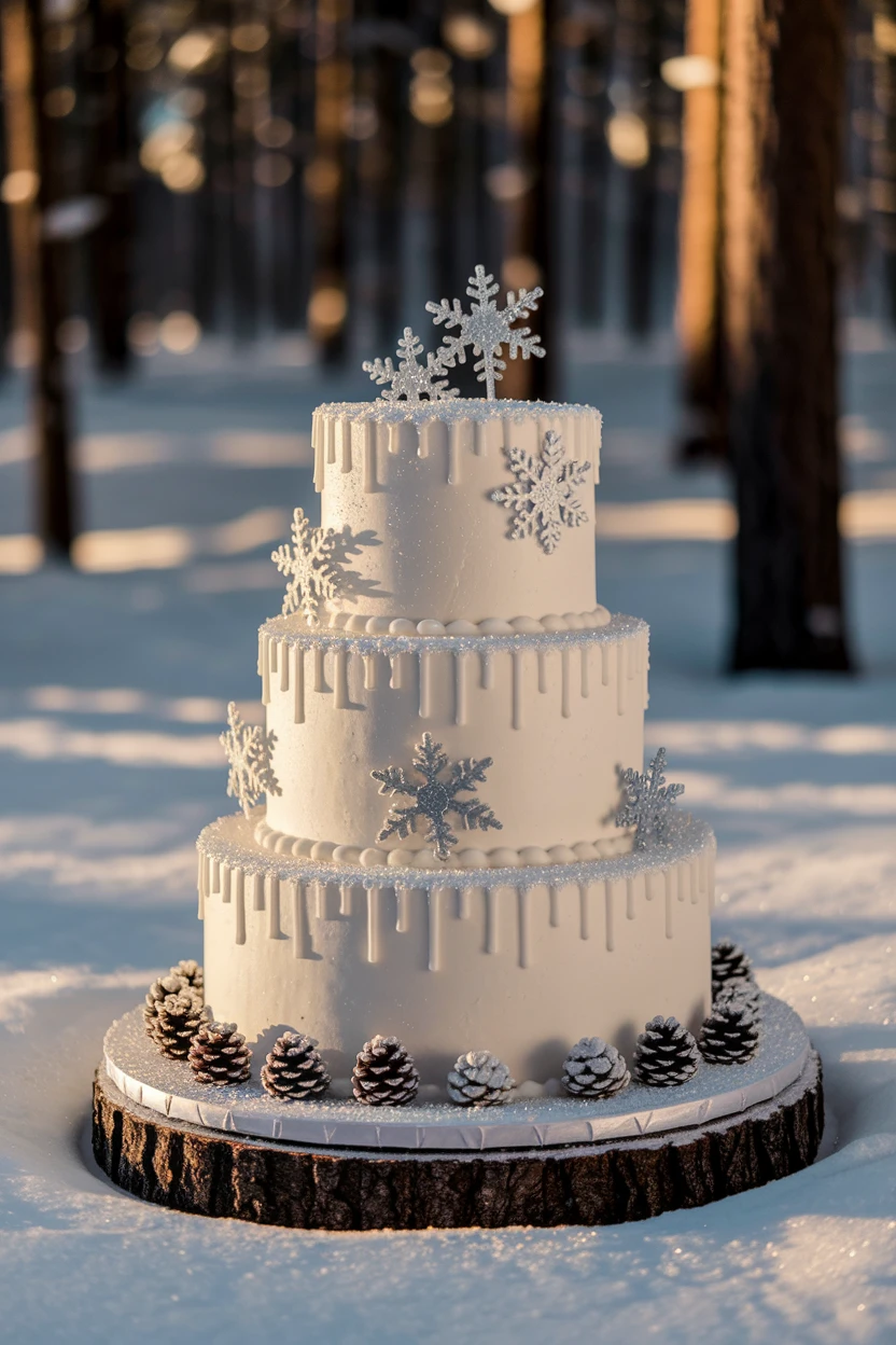 A winter-themed three-tier cake covered in white icing, adorned with snowflake decorations and surrounded by pinecones, set in a snowy forest scene.