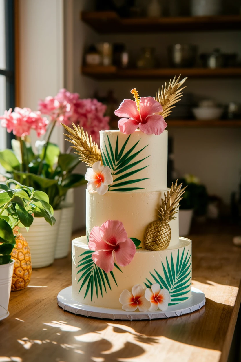 A tropical-themed three-tier cake decorated with vibrant hibiscus flowers, palm leaves, and a pineapple, surrounded by lush greenery in a bright kitchen setting.