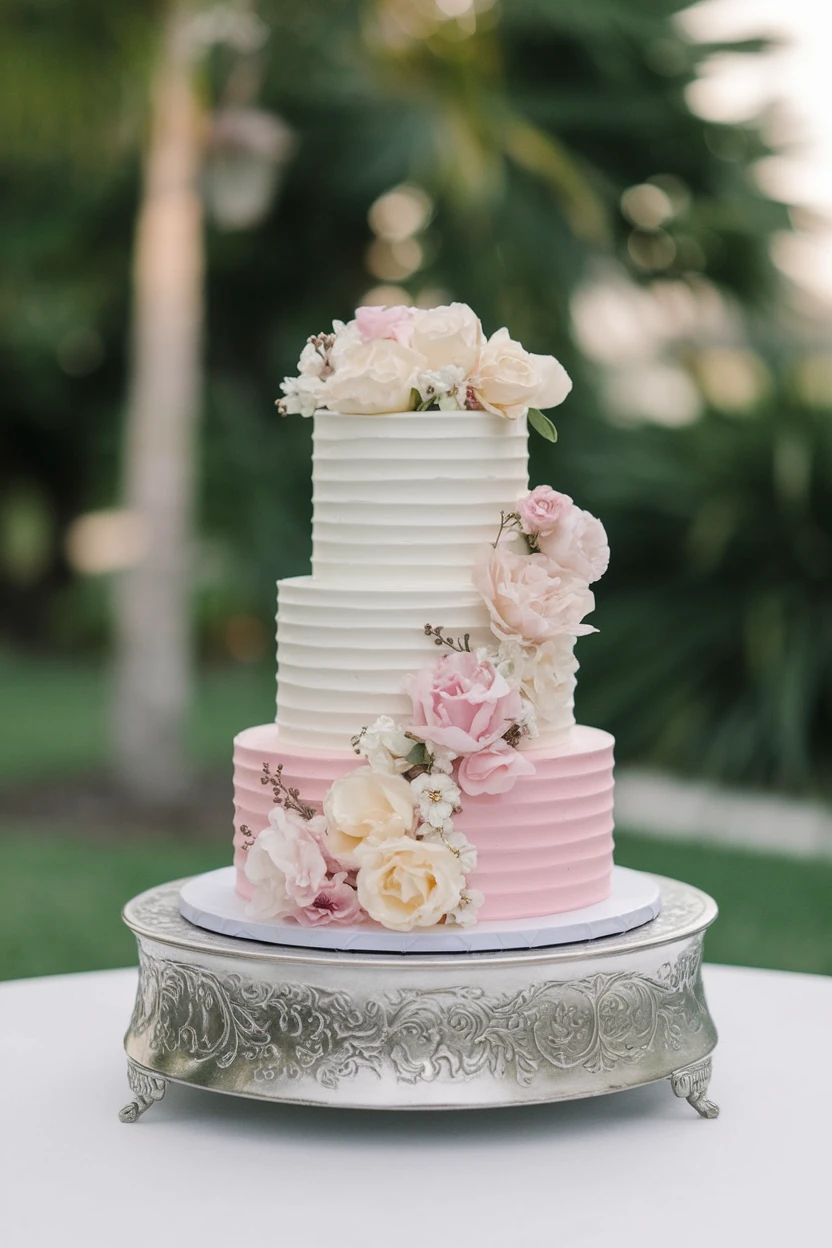 A charming three-tier cake in soft pink and white, adorned with delicate flowers and textured icing, displayed elegantly in a garden setting.