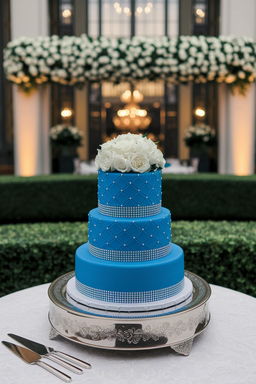 A sophisticated three-tier cake in bright blue with diamond patterns, topped with fresh white roses, set against a backdrop of floral arrangements.