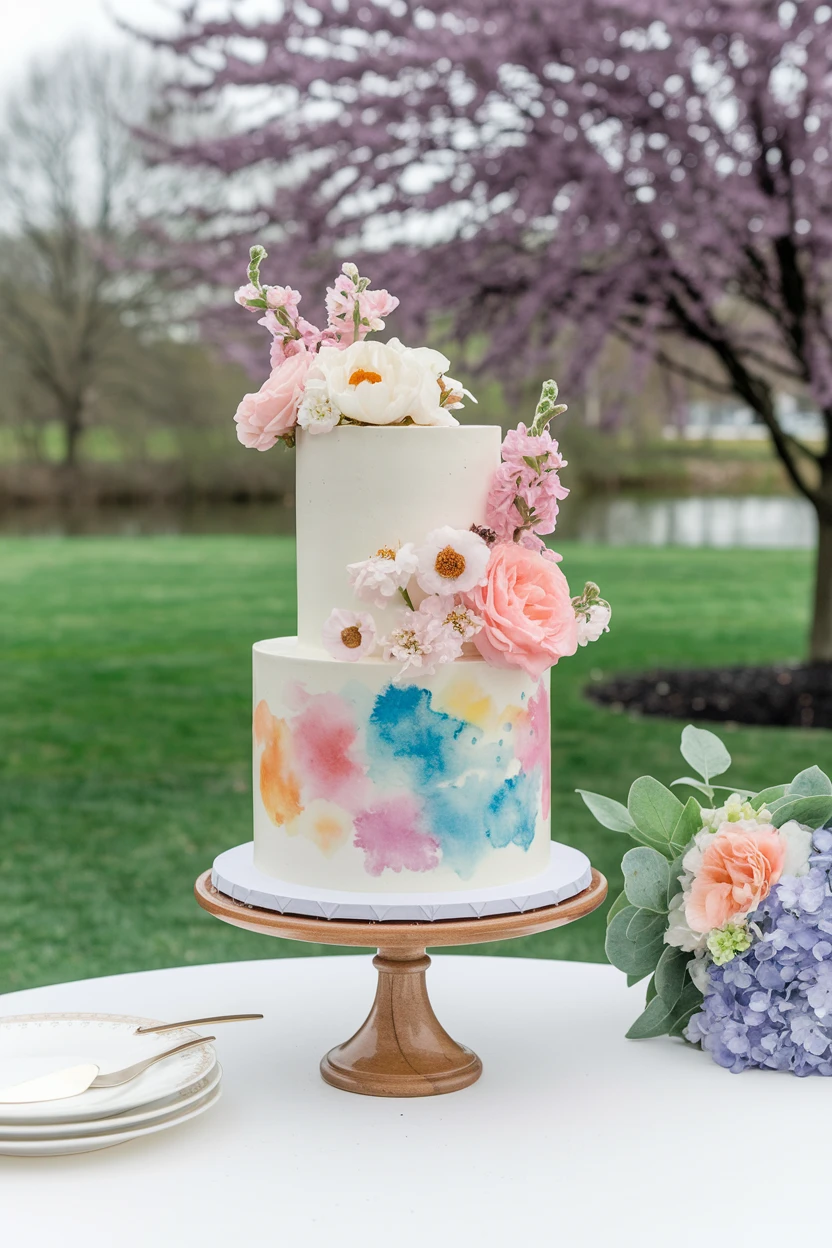 A two-tiered wedding cake with a watercolor design on the bottom tier and flowers on the top, on a wooden pedestal outdoors with a blurred garden background and a bouquet of flowers.