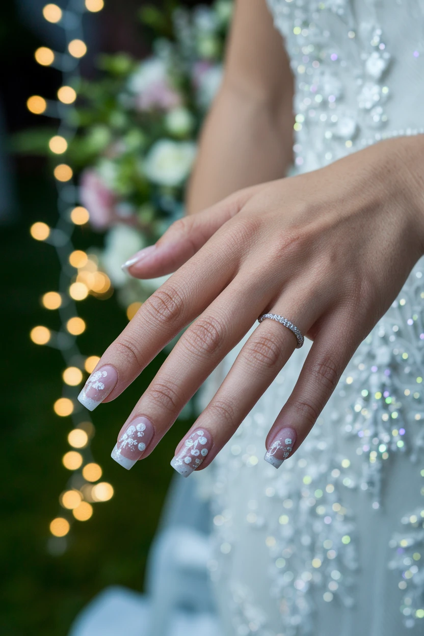 French tip nails with floral art.