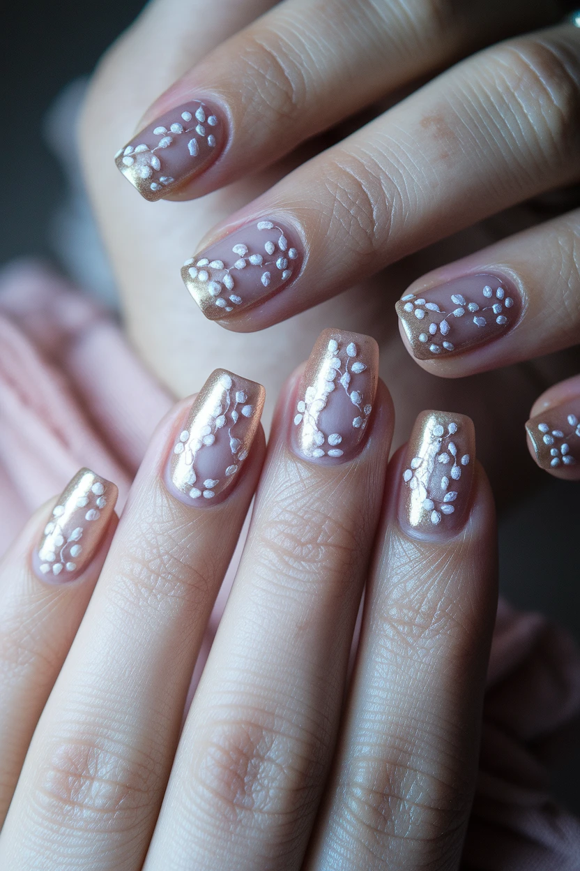 Gold tipped nails with white floral lace nail art.