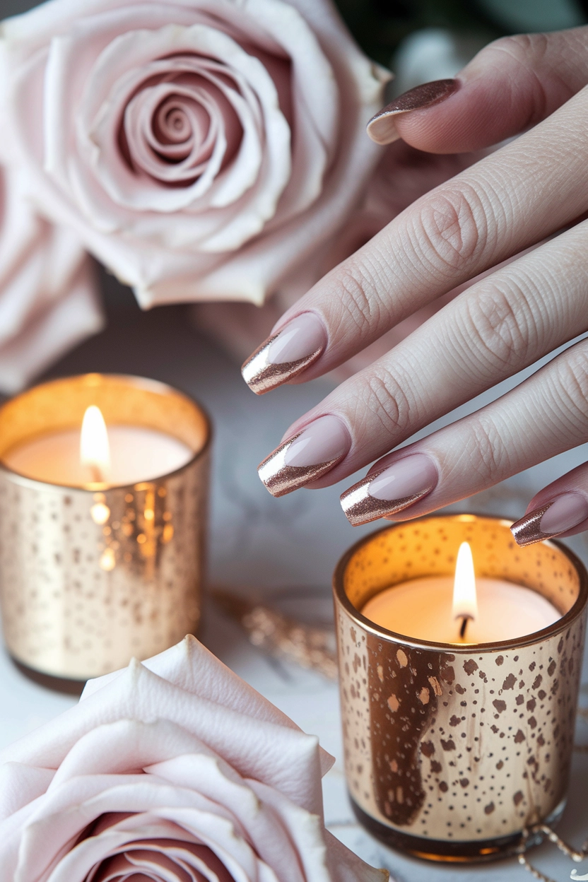 a rose gold metallic French tip and a soft, natural base, displayed alongside pink roses and lit rose gold candles.