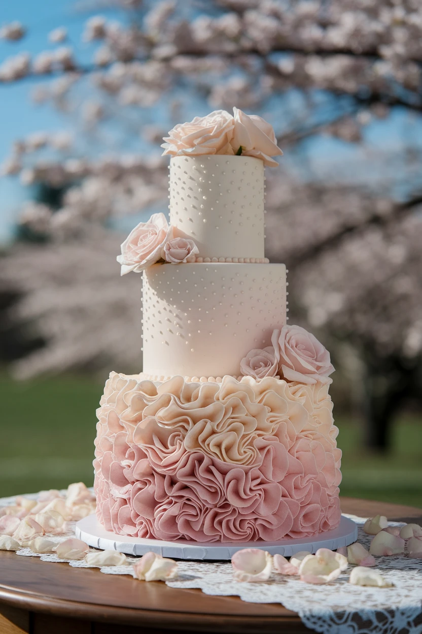 A delicate wedding cake with a pink ombre design, embellished with soft pink roses and subtle pearl accents, surrounded by cherry blossoms.