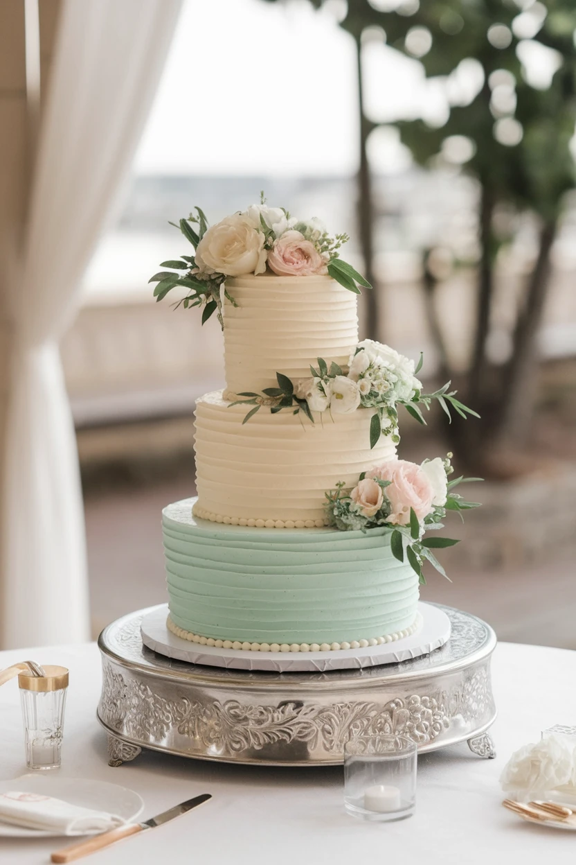 A three-tiered wedding cake with a mint green base, light cream middle and top tiers, decorated with white and pink roses and greenery, resting on a silver cake stand on a white tablecloth.