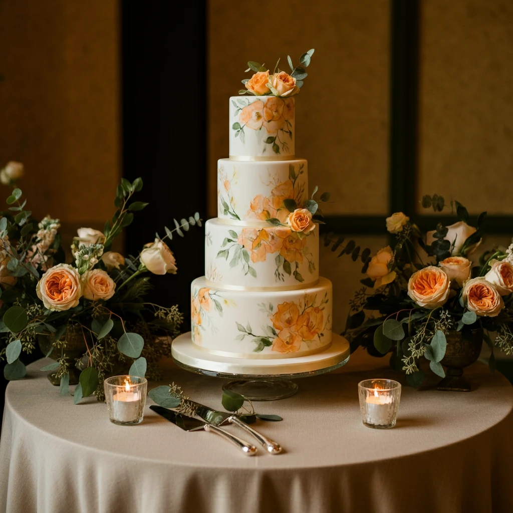 A four-tiered wedding cake with painted orange and green flowers, on a glass pedestal, surrounded by floral arrangements and candles on a round table.