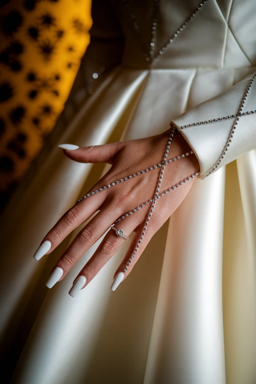 White nails, hand chain, ring.