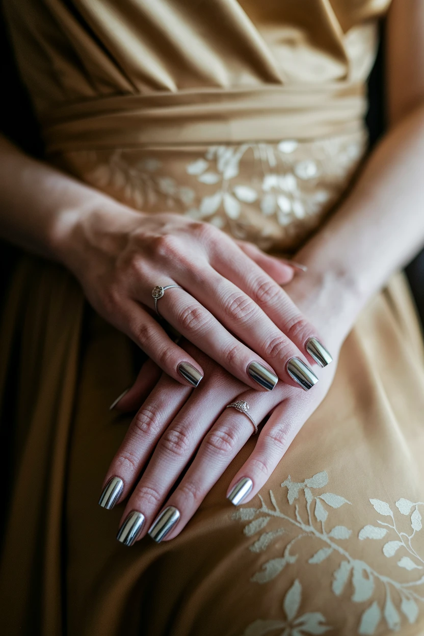Silver chrome nails with gold dress.