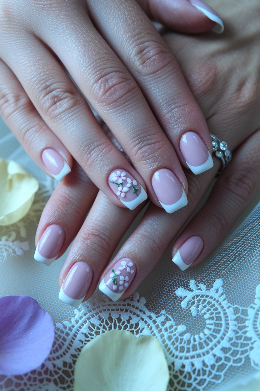 a light pink base, with two accent nails displaying small white and pink flower designs, set against a backdrop of lace and flower petals.