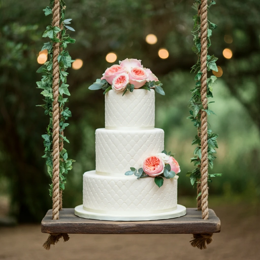 A three-tiered white wedding cake with pink roses, suspended on a wooden swing with rope and vines, in an outdoor setting with blurred lights.