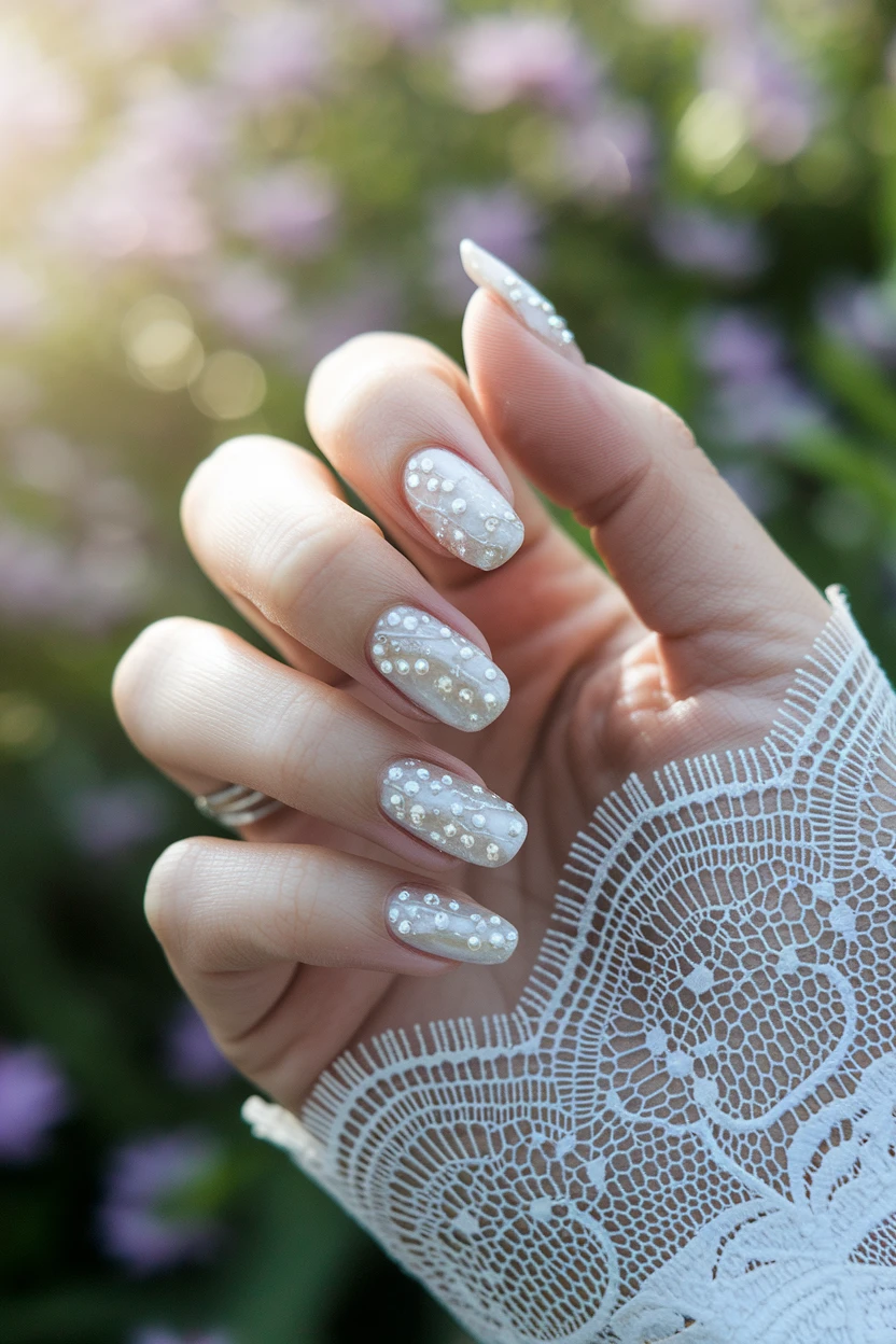 White nails, pearl embellishments.