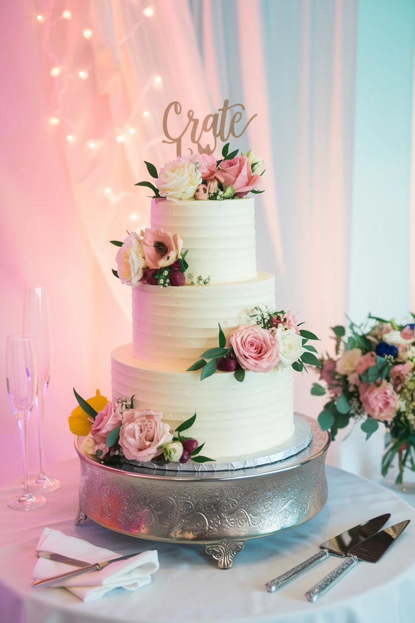 A beautifully crafted three-tier wedding cake adorned with pink roses and a wooden cake topper, displayed on a decorative silver stand.