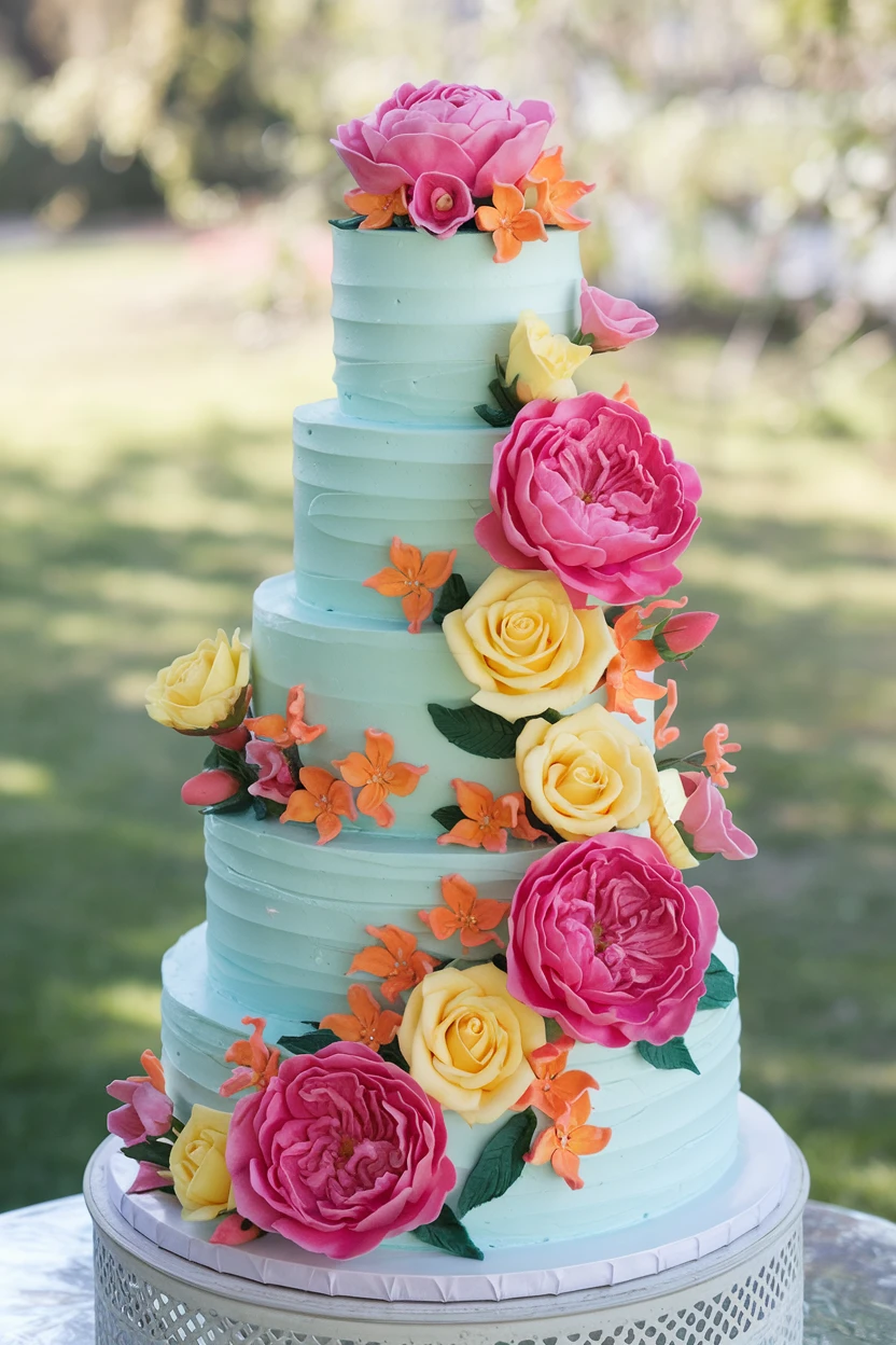 A five-tiered light blue wedding cake decorated with pink, yellow, and orange flowers, on a white ornate pedestal, set outdoors with a blurred green background.