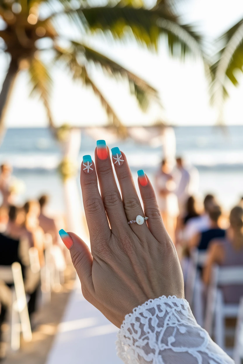 Blue-orange ombre nails, beach scene.