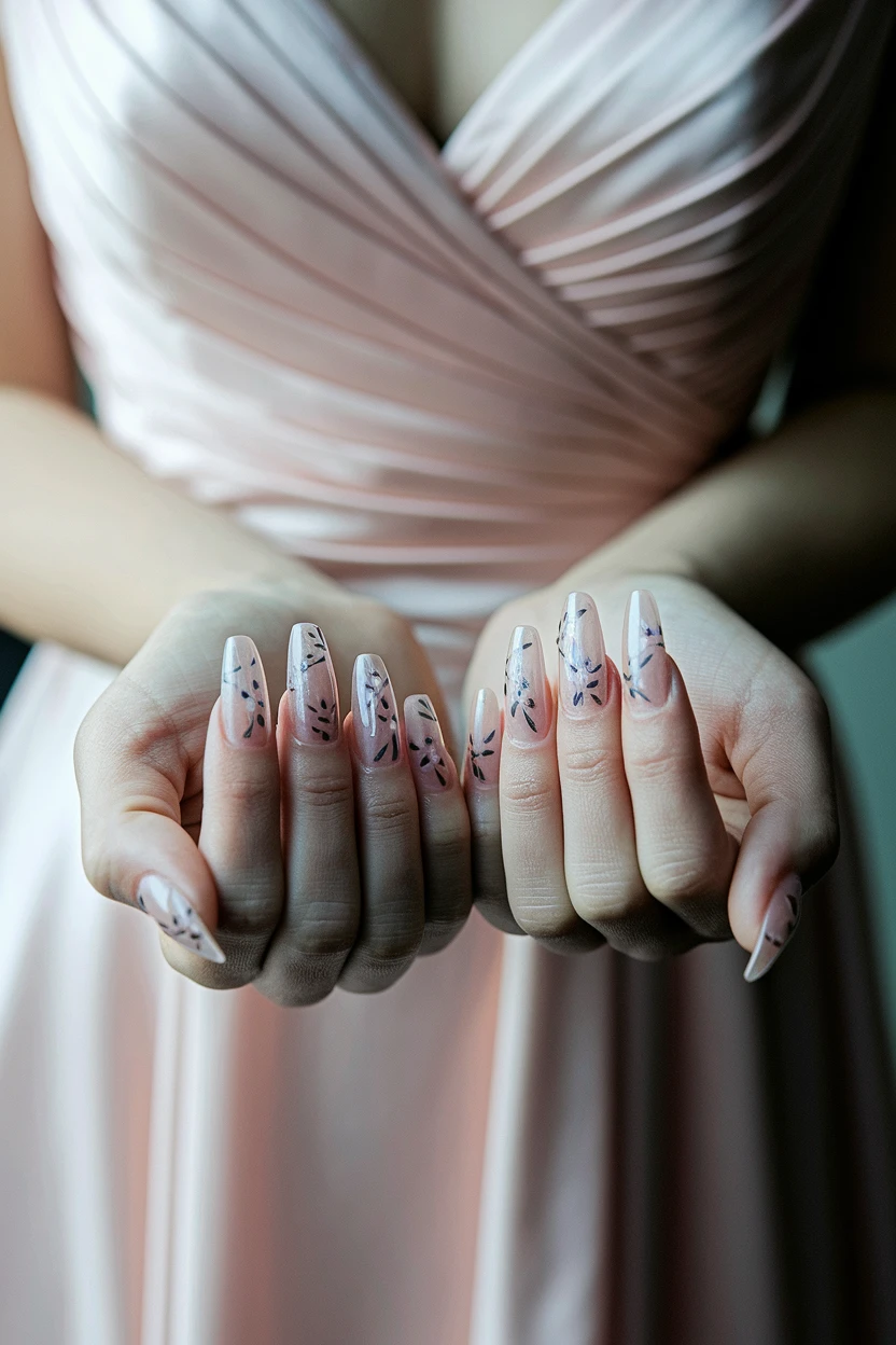 Nude nails with black floral line art, pink dress.