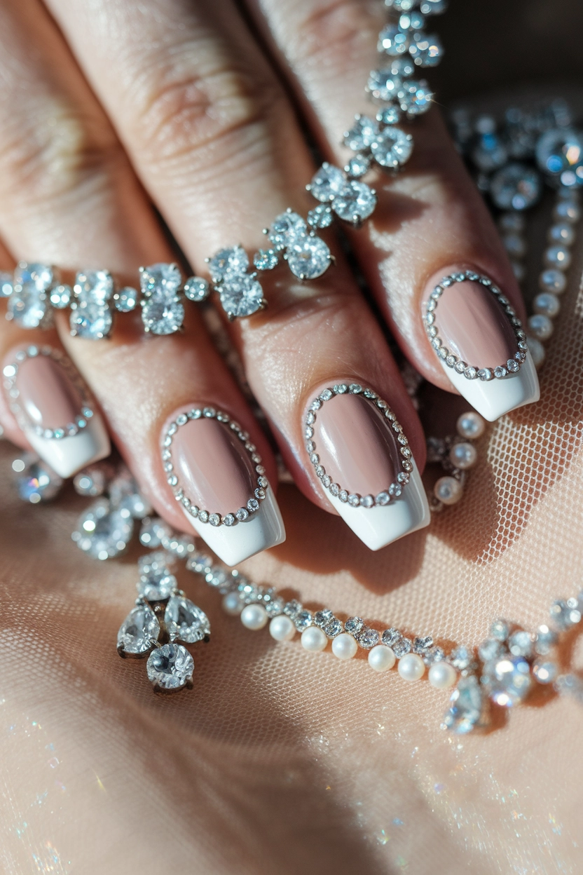 a neutral base, each nail featuring a border of small, sparkling diamonds, displayed alongside a diamond necklace and pearl strands.