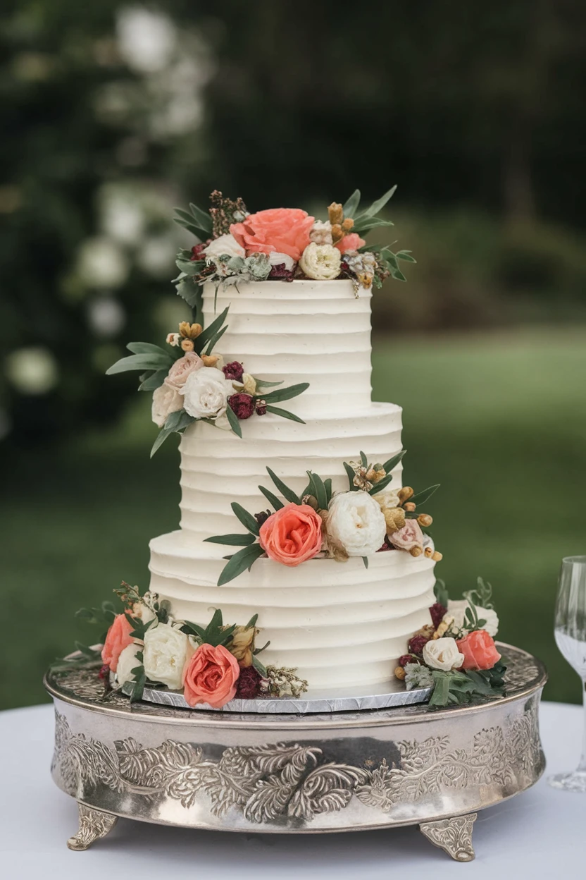 A traditional three-tier wedding cake decorated with coral and cream flowers, set on a silver pedestal against a lush garden backdrop.