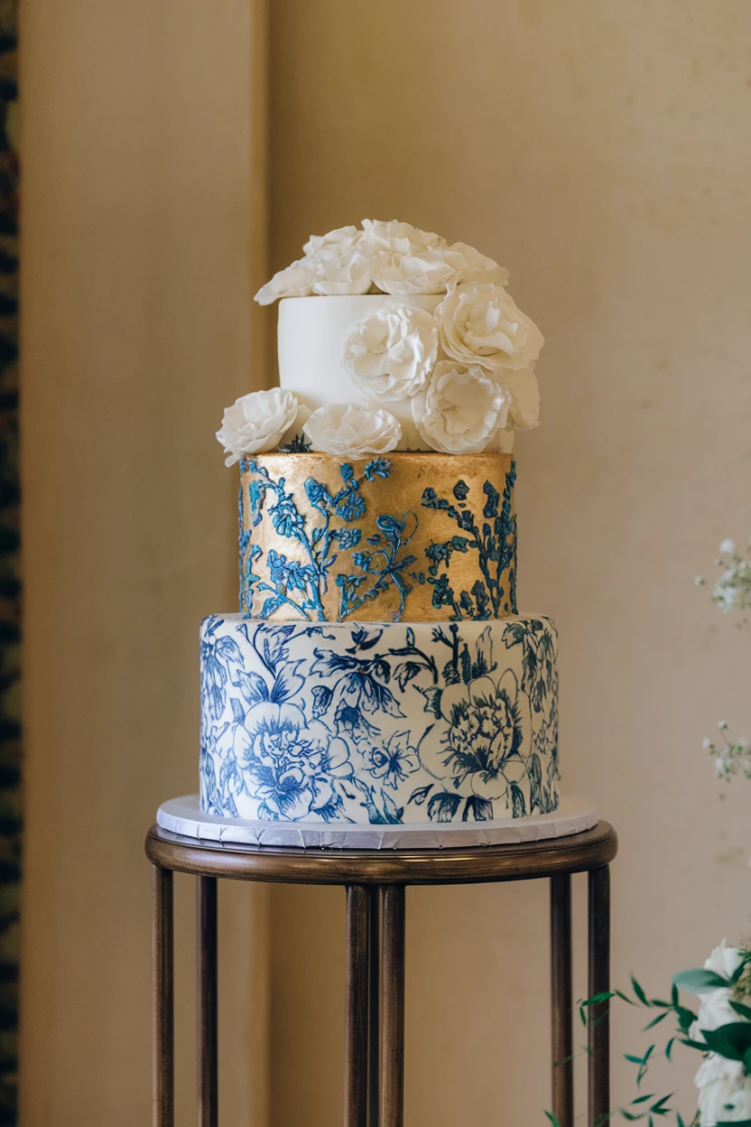 A three-tiered wedding cake with blue and white floral patterns on the bottom tier, gold with blue designs on the middle tier, and white with floral decorations on the top tier, on a gold stand.