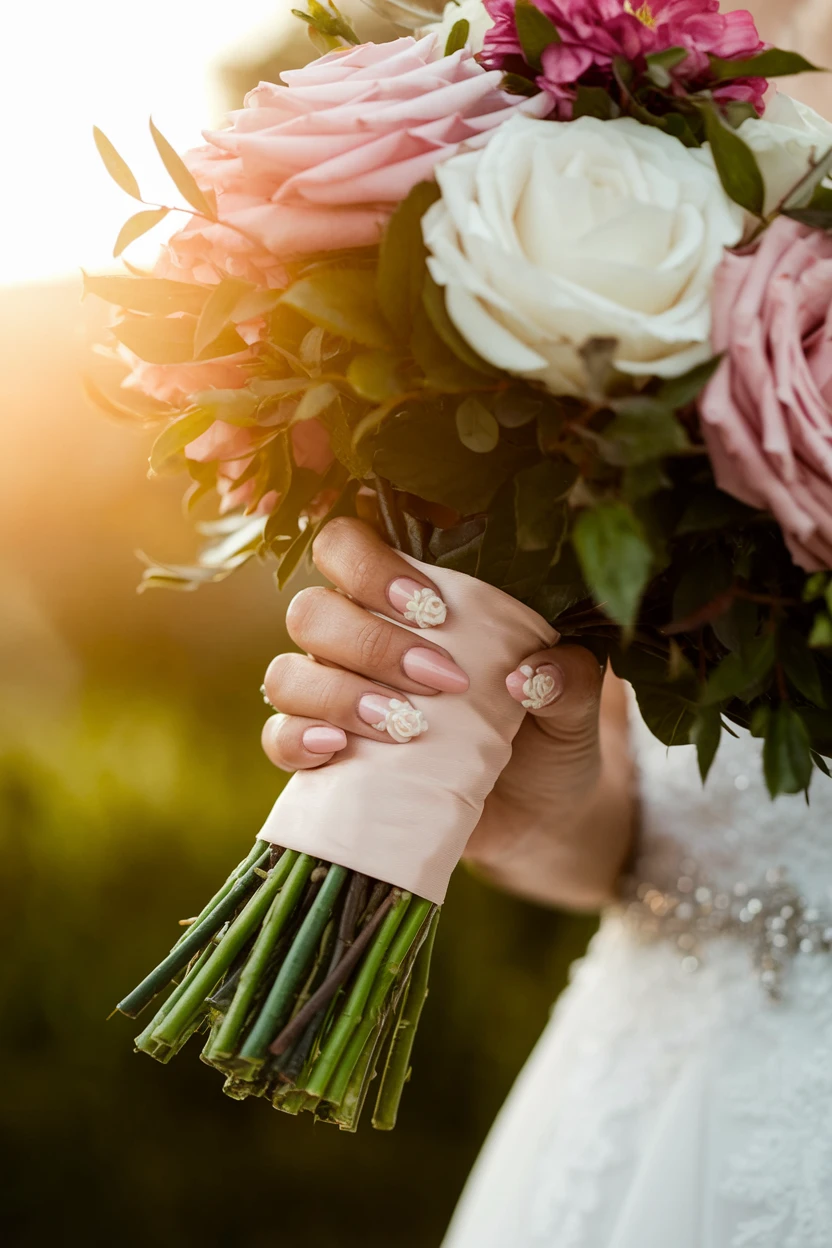 Pink nails, white floral art, bouquet.