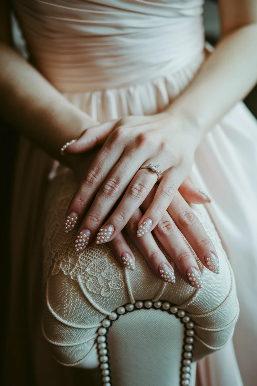 A close-up of a bride’s hands resting gracefully on an ornate chair, featuring an engagement ring and pearl-embellished nails. The soft pink gown and delicate lace details enhance the romantic and sophisticated aesthetic. The overall composition exudes elegance and timeless beauty.