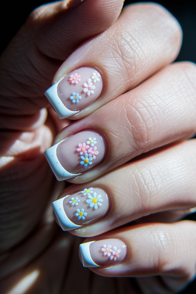 white French tips and a natural base, each nail embellished with small 3D floral appliqués in pastel colors.